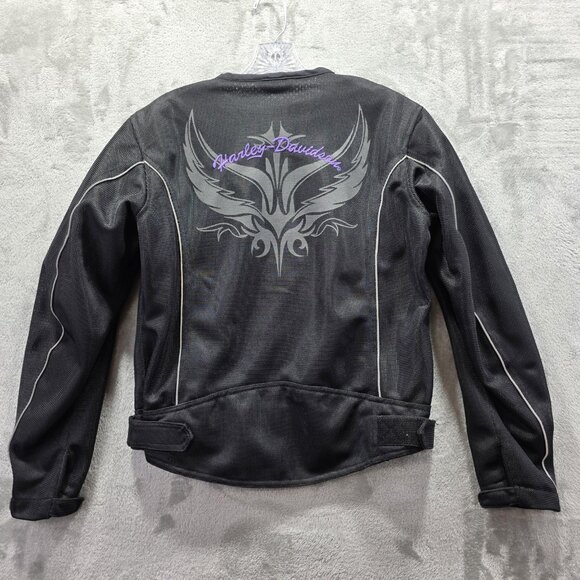 Harley-Davidson Mesh Motorcycle Jacket Womens Medium Black Purple Graphic Zip - Picture 1 of 9